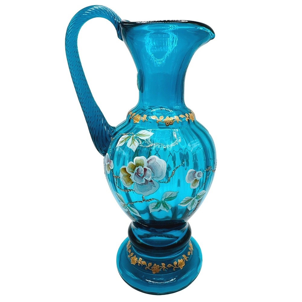 Fenton Turquoise Blue Floral Pitcher Bill Fenton Signed Pam Fleak Hand Painted